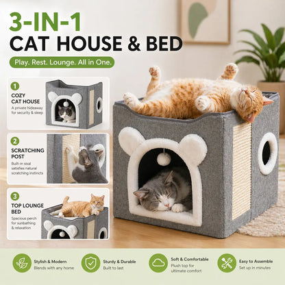 Foldable Indoor Cat House with Cushion & Hanging Toys – Holds Up to 30 lbs