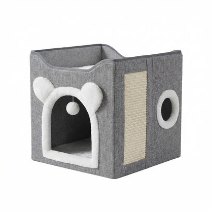 Foldable Indoor Cat House with Cushion & Hanging Toys – Holds Up to 30 lbs