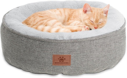Cat Beds for Indoor Cats, Comfy Durable Pet Sleeping Bed, Washable Round Cat Bed & Non-Slip Bottom, Size 18"L X 18"W X 6.5"Th