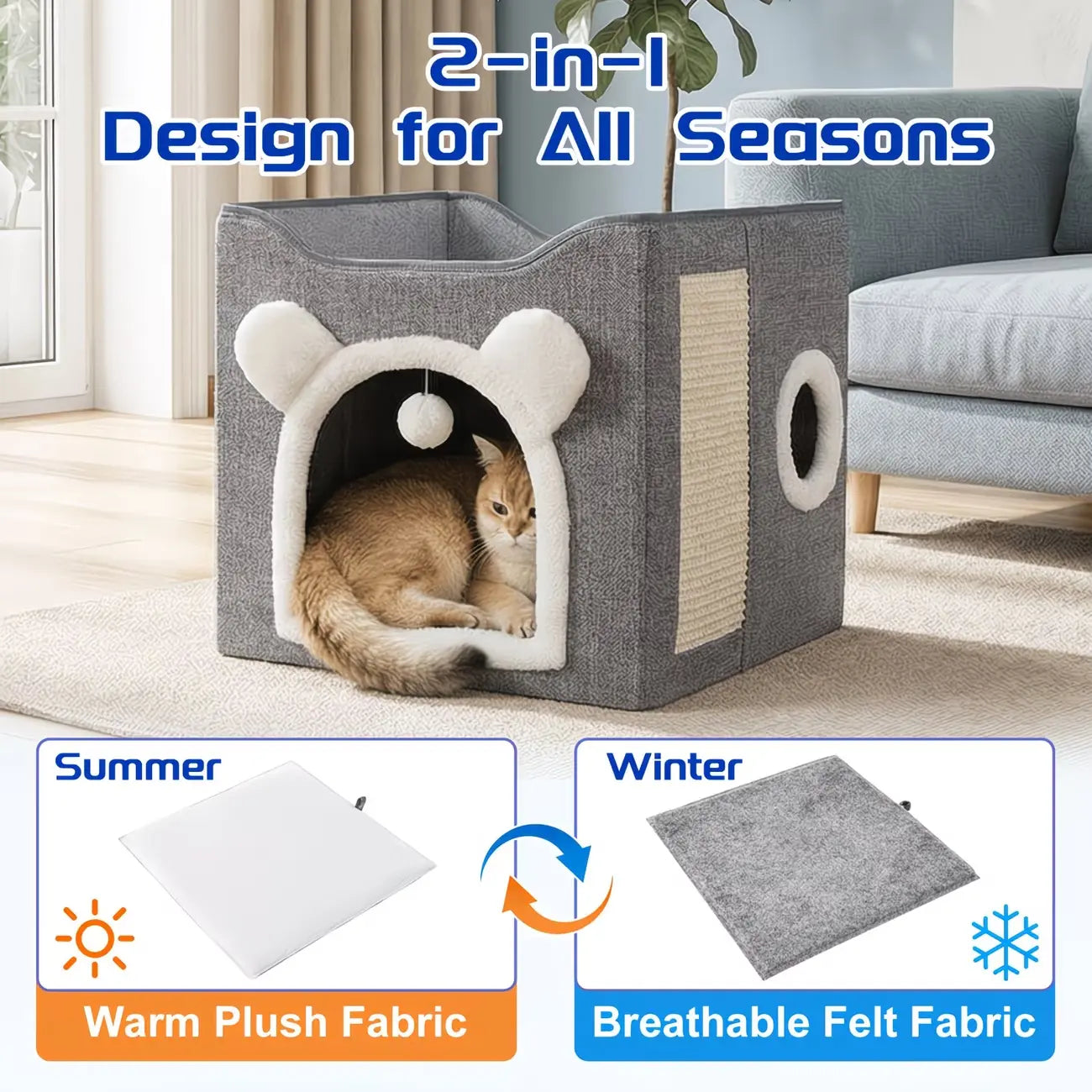 Foldable Indoor Cat House with Cushion & Hanging Toys – Holds Up to 30 lbs