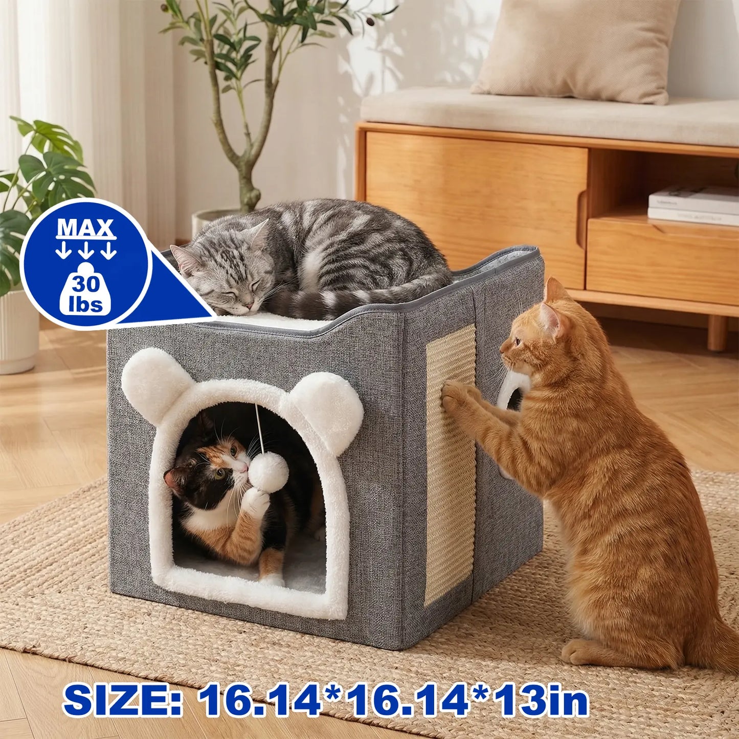 Foldable Indoor Cat House with Cushion & Hanging Toys – Holds Up to 30 lbs