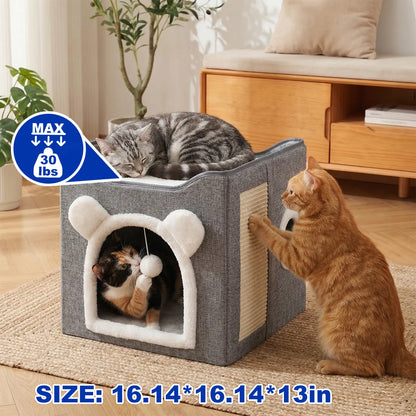 Foldable Indoor Cat House with Cushion & Hanging Toys – Holds Up to 30 lbs
