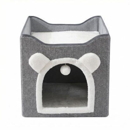 Foldable Indoor Cat House with Cushion & Hanging Toys – Holds Up to 30 lbs