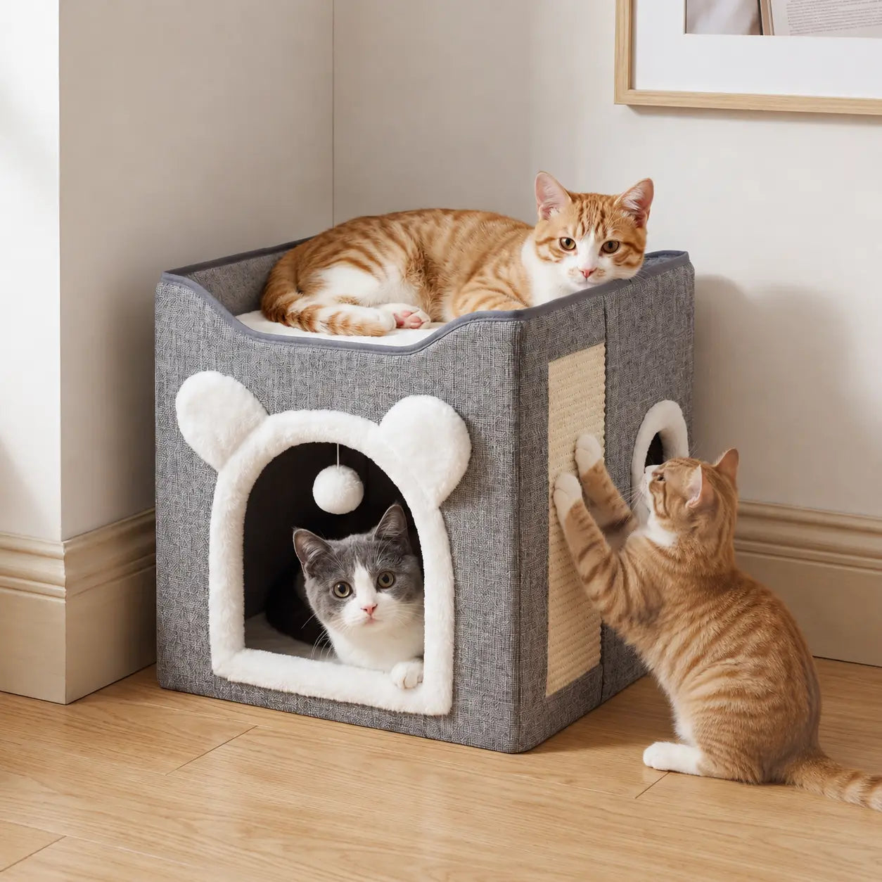 Foldable Indoor Cat House with Cushion & Hanging Toys – Holds Up to 30 lbs